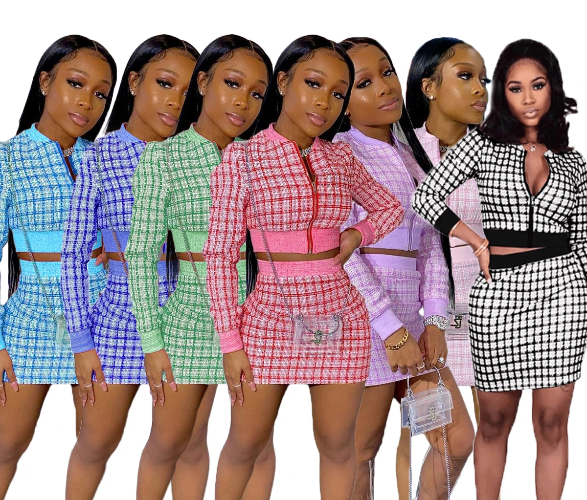 

New arrival plaid long sleeve top and skirt sexy women 2 piece set