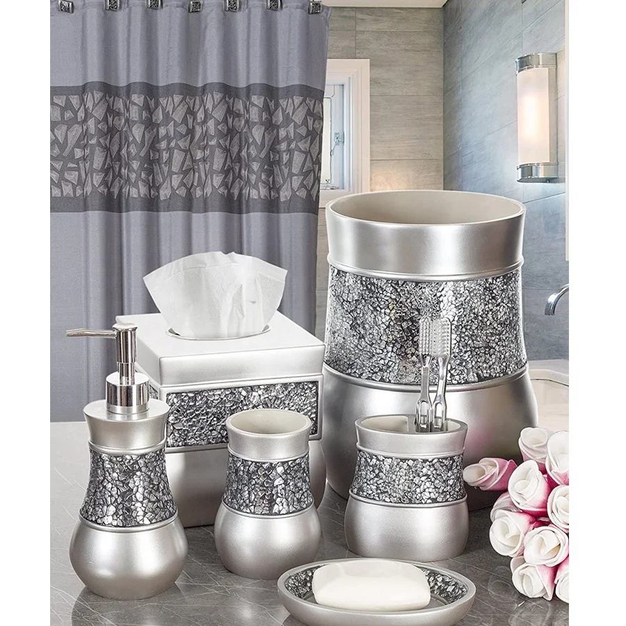 Elegant Grey Glass Mosaic Marble Effect Diamond Bathroom Accessories Set Buy Glass Mosaic