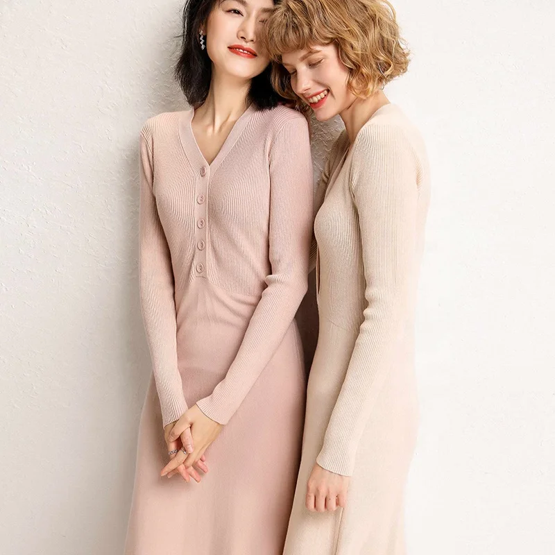 

2020 New Fashion Women's V-neck Autumn Winter Knitted Dresses  Solid Color Buttoned Women Long Sweater Dress, Solid color as shown