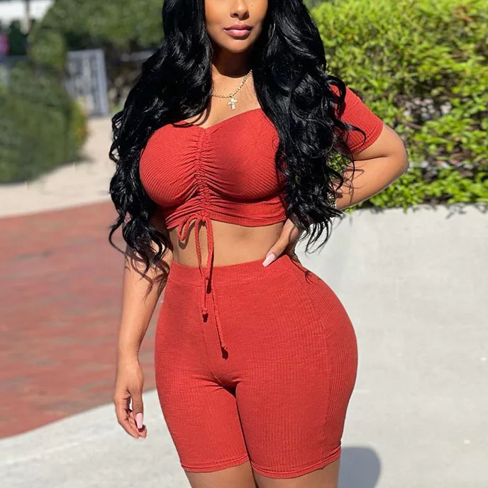 

FS3222D women 2 Piece Set Beach Vacation Summer Clothes Drawstring Crop Tops and shorts Matching Sets casual suits