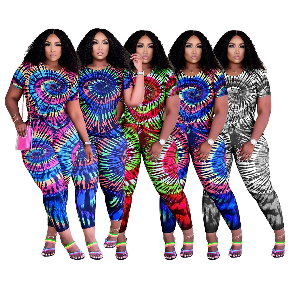 

Women Cheap Tracksuits Two Piece Outfits Joggers Sets Biker Pants Set Plus Size Tie Dye 2 Piece pants Set for women