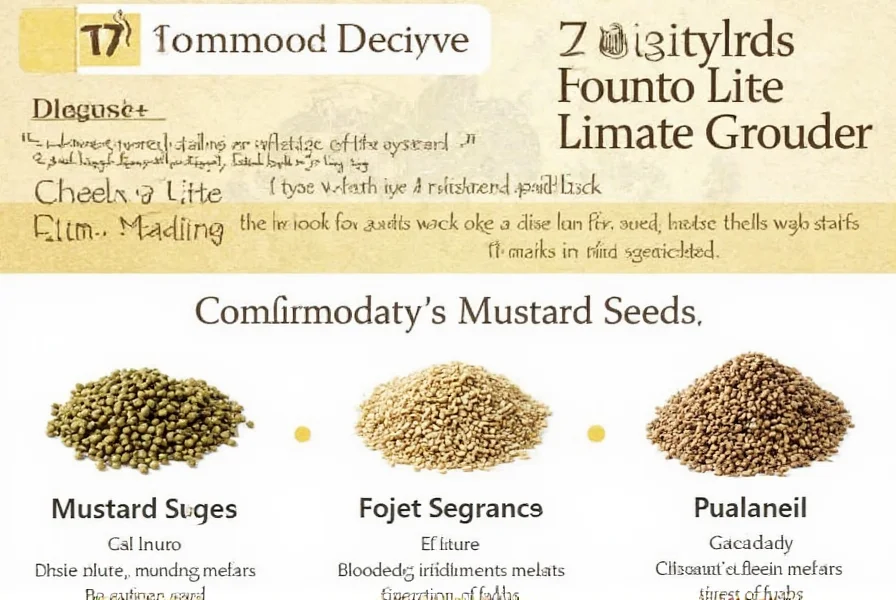 Close-up comparison of yellow, brown, and black mustard seeds on white background showing size differences and color variations for visual identification