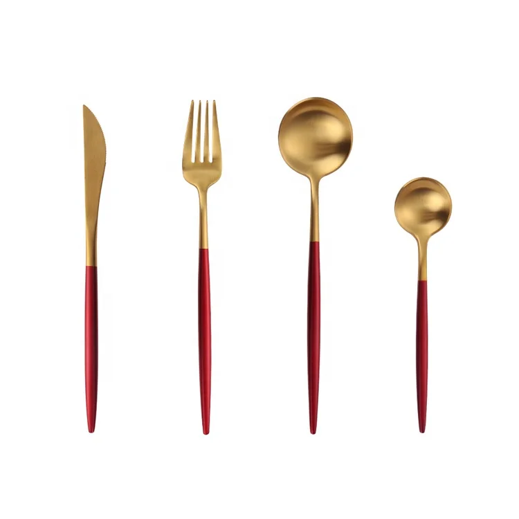 

Low MOQ and hotel flatware 4 pcs stainless steel cutlery Portuguese Red and gold Cutlery Set, Customized color