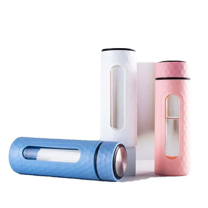 

Newest selling cute cat ear design solid color thermal insulation silicone cup holder insulated double wall glass cup