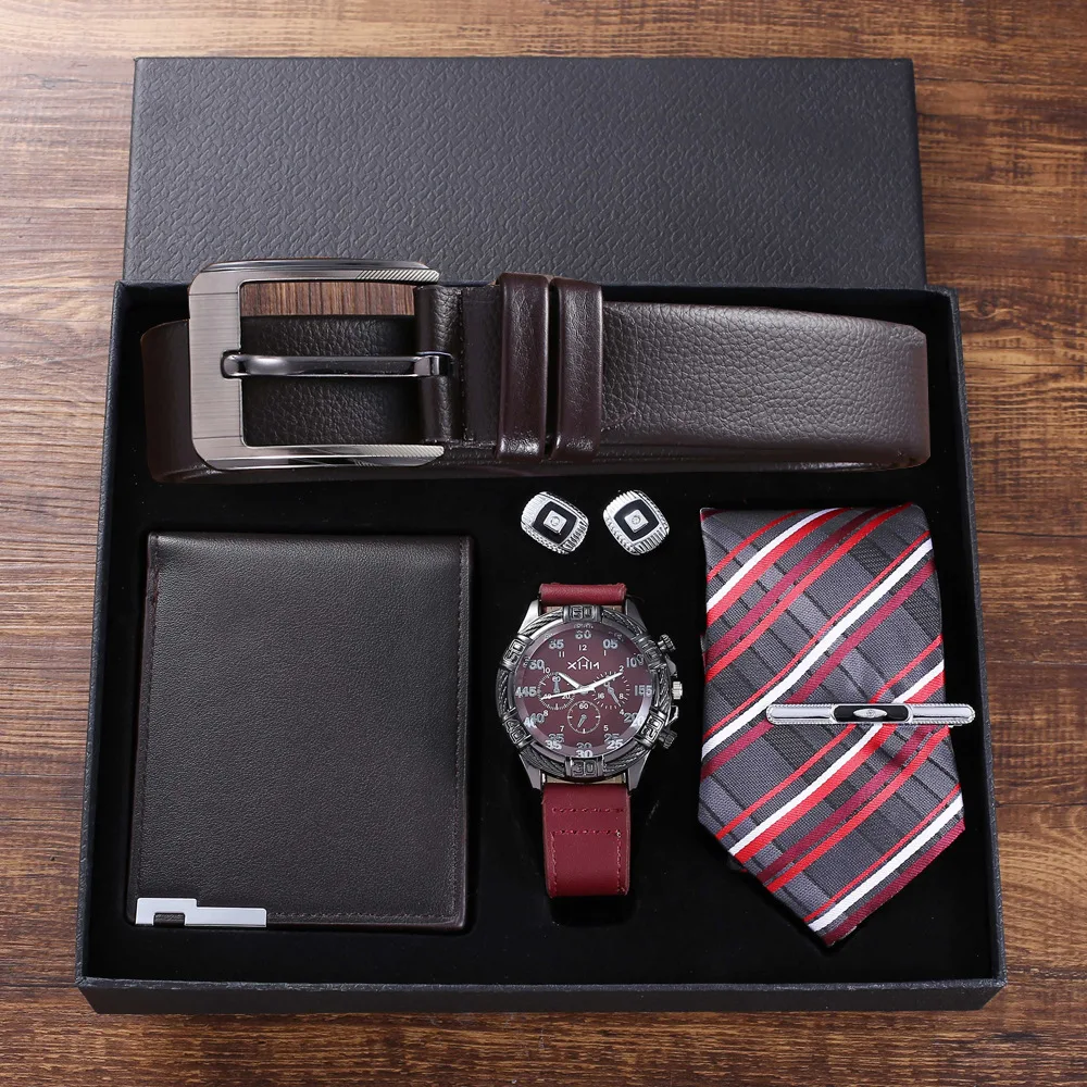 

2022 Business Wallet Suit Gift Box Fashion Creative Idea Classic Father's Day Gift Set Watch+Belt+Cuff+Wallet+Tie 5pcs/set