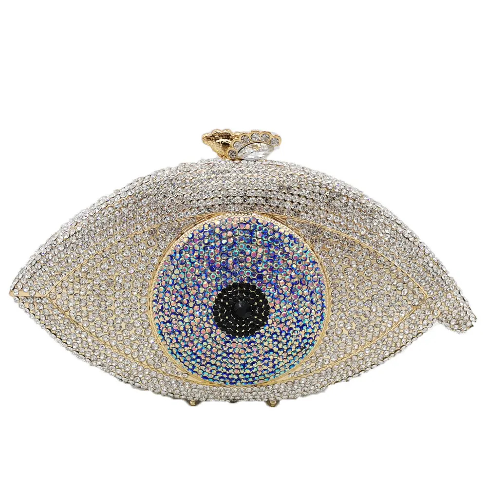 

Lady New Design Good Quality Sparkle Metal Evening Purse Rhinestone Handbag Evil Eye Shape Woman Clutch Bags, Silver / red /black