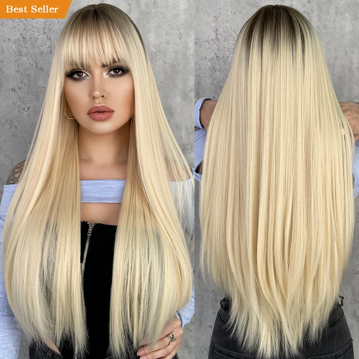 

Ombre Blonde Wig Long Straight Perruques with Bangs Black Pink Red Blue Gray Synthetic Wig for Women Cosplay Pelucas Perucas