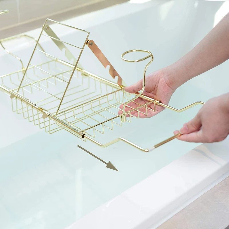 

Gold Color Carbon Steel Luxury Bathtub Caddy Tray Organizer with extending sides