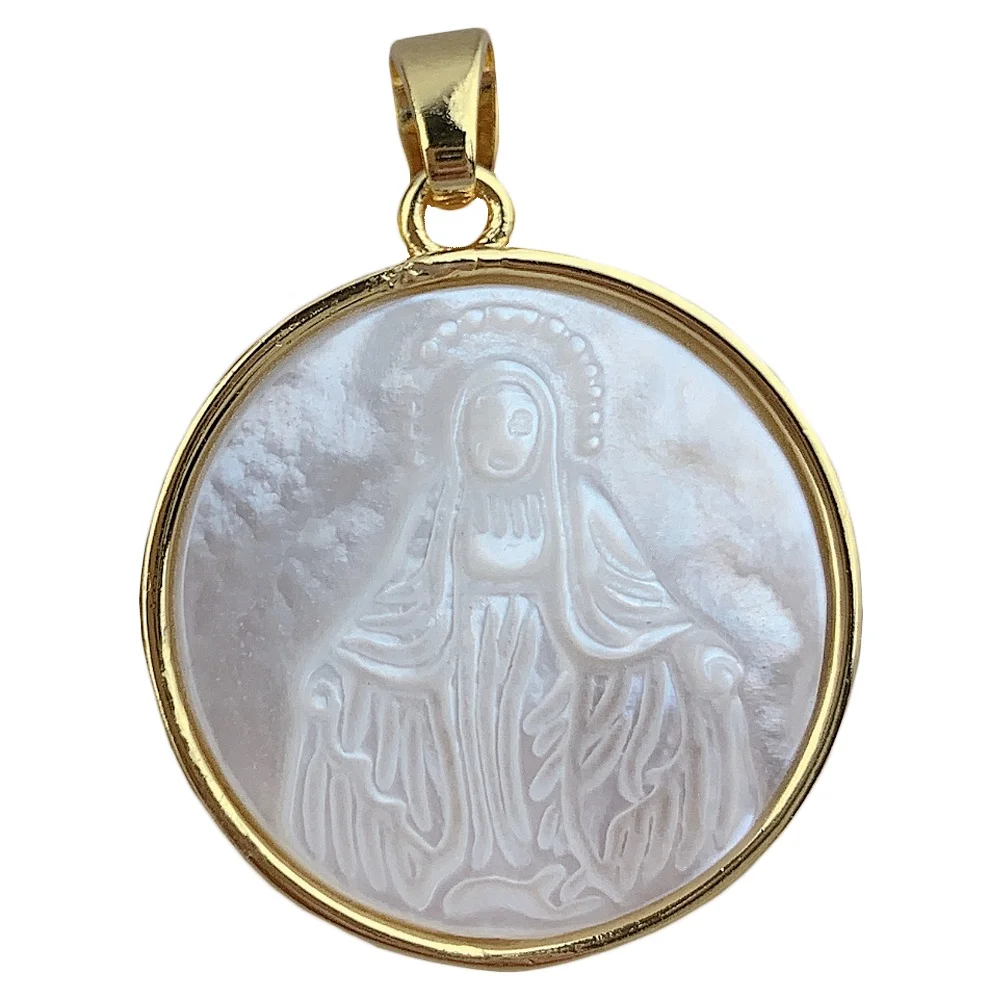 

Round Medal Virgin Mary Pendants Charms Women Natural Mother of Pearl Shell Religious Necklace Jewelry, White