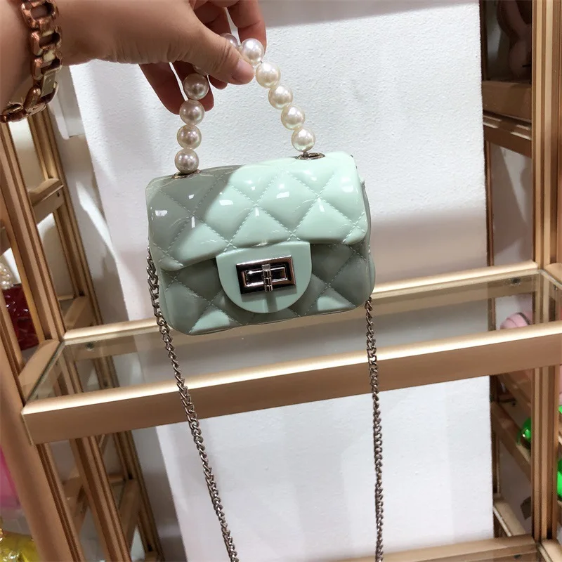

In stock Fashion china handbag factory women cute mini jelly crossbody bag handbags with pearl handle, 14 color options