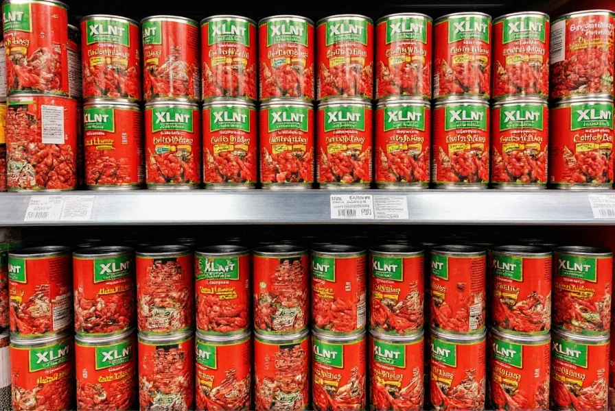 XLNT chili cans arranged on grocery shelf with ingredients visible