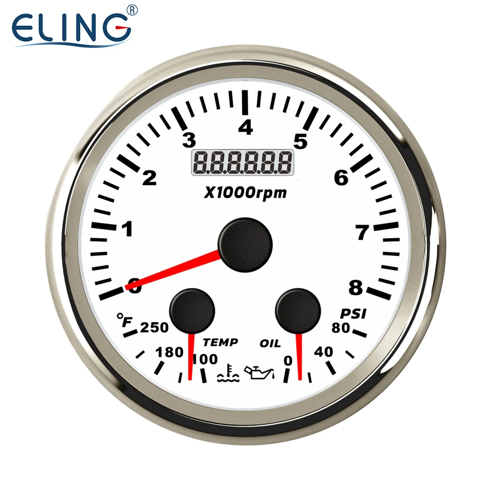

ELING 3 in 1 85mm Multi-Functional Tachometer 8000RPM Water Temp Oil Pressure 0-80Psi 120-250 12V Red Backlight for Car Boat