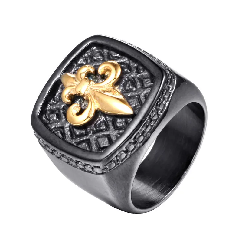 

European Vintage Men's Finger Jewelry Gold Plated 316L Stainless Steel Fleur De Lis Ring, As picture shows