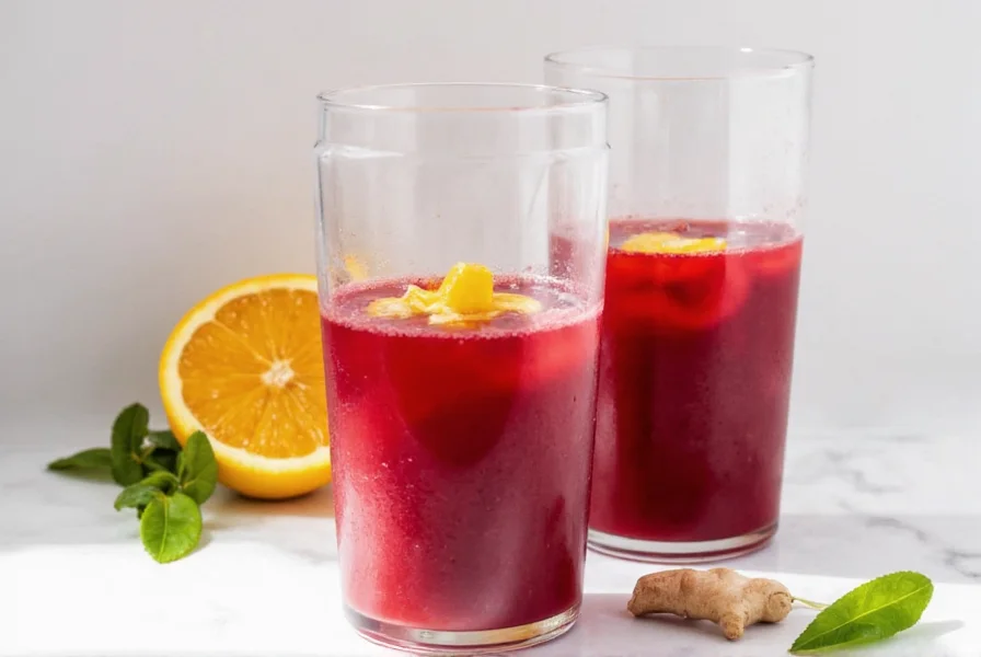 Fresh beet ginger turmeric juice in glass with ingredients