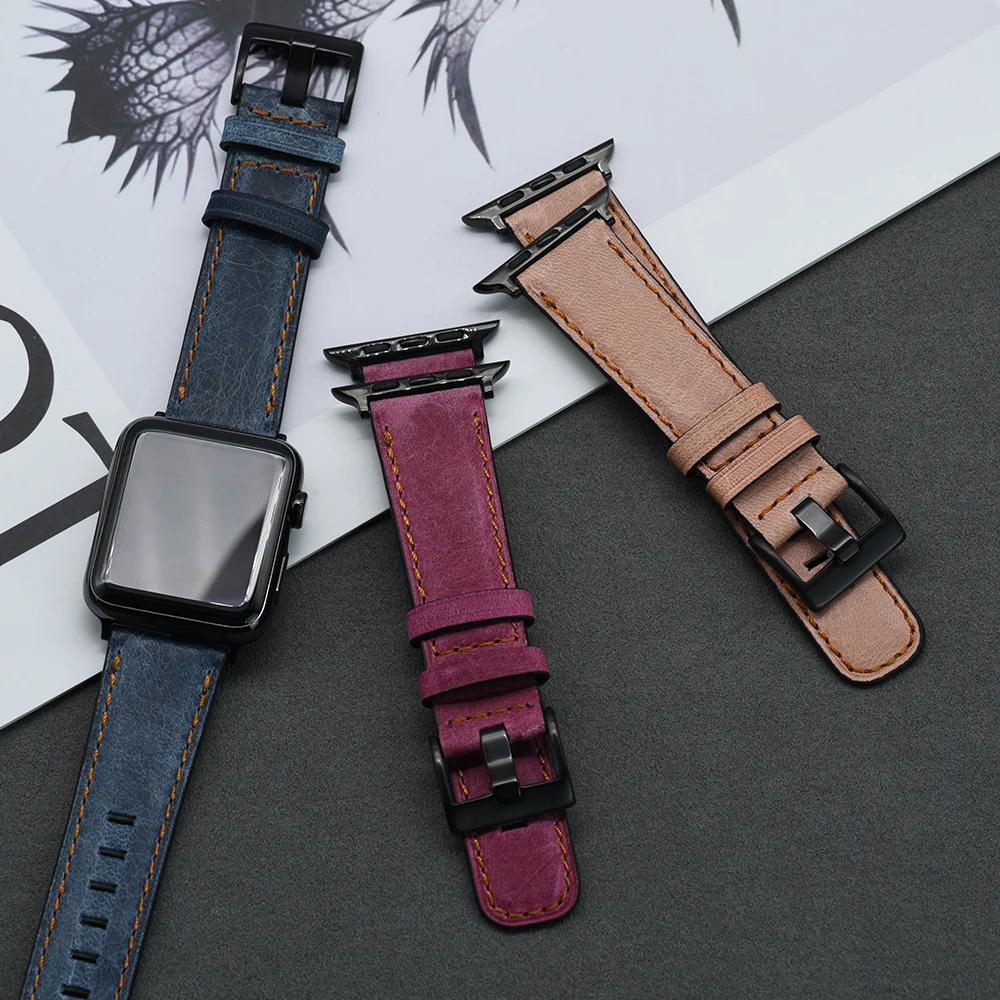 

Genuine Leather Wrist Watch Band Cowhide Smart Watch Strap Band for Apple Watch Series 6 5 4 40mm 44mm, As the color chat