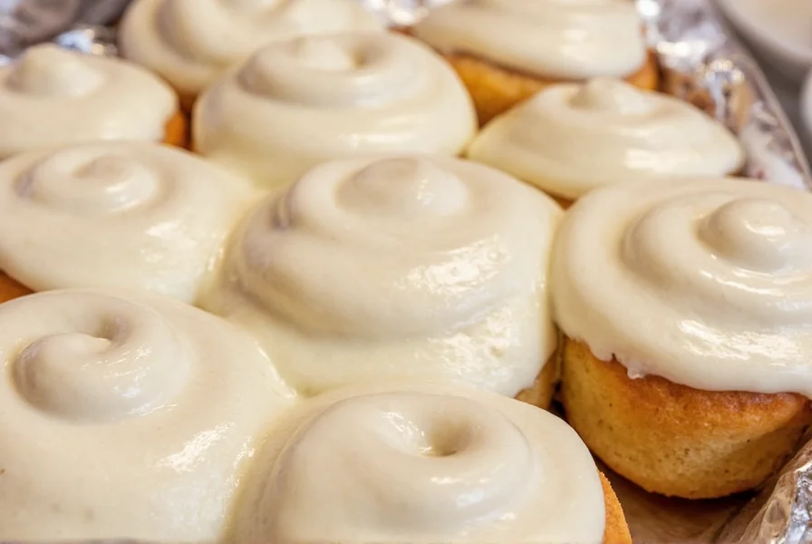 Step-by-step visual guide showing proper cinnamon roll icing consistency at various stages: too thick, perfect, and too thin