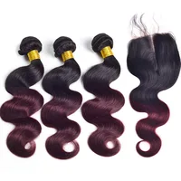 

ombre human hair bundles with closure 1b/99j 100g Brazilian Peruvian bundles Lace Closure water wave curtain hair