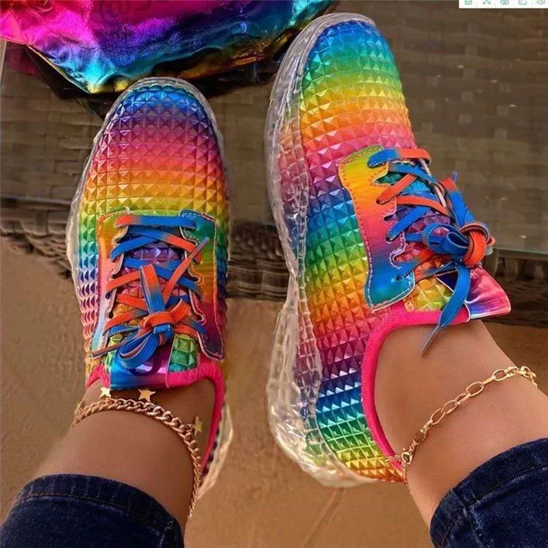 

2020 New Arrival Round Toe Transparent Clear Rhainbow Mixed Colorful Casual Leisure Sneakers Shoes Woman Ladies