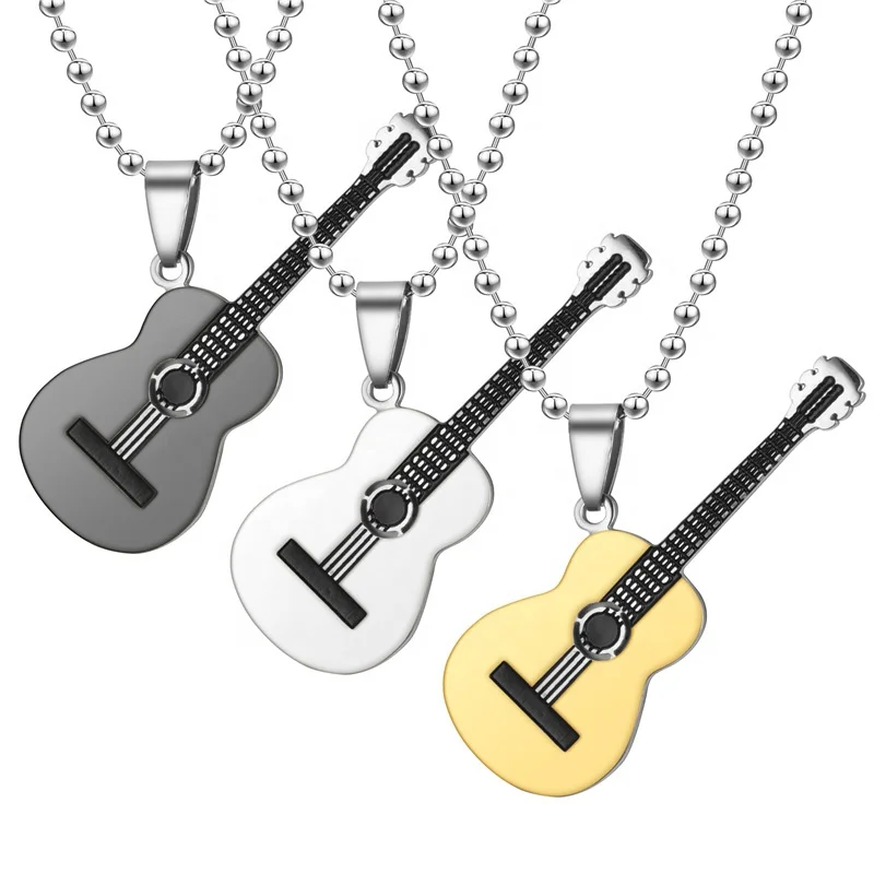 

Hot Music Guitar Pendant 316L Stainless Steel Guitar Necklace Gentleman, Black, white, gold
