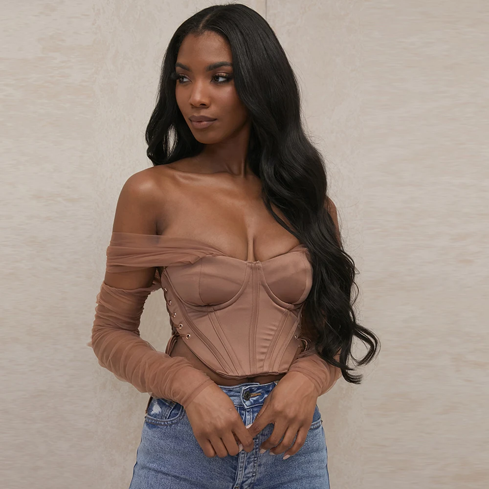 

New Trendy Women Long Sleeve Crop Top Lace Sexy Hollow Out Corset Crop, As picture