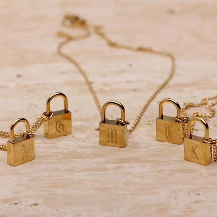 

Hot Sale Padlock Initial Necklace Stainless Steel 18K Gold Plated Old English Letter Custom Gold Lock Necklace, Gold color