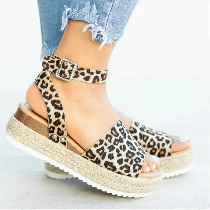 

Women Roman Leopard Print Hemp Rope Wedge Heel Ankle Strap Sandals Height Increasing Sandals