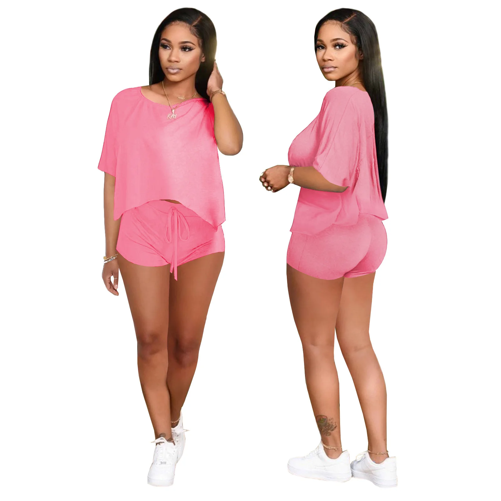

New Custom Tracksuit Solid Color Outfits Casual Round Neck Clothing Plus Size Two Piece Short Sleeve Set, Pink, red, black, dark gray