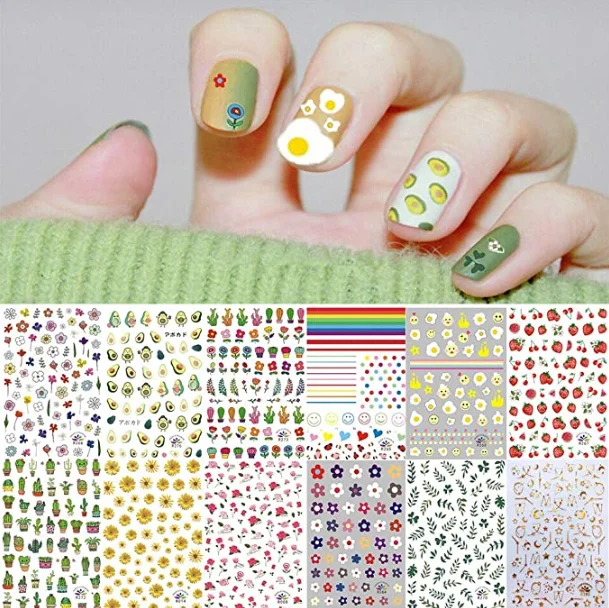 

12 Sheets Summer Nail Art Stickers Decals 3D Self-Adhesive Flower Fruits Plant Rainbow Decals Decoration, As image show