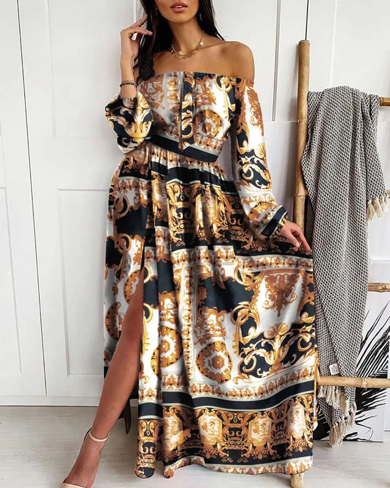 

DS-331 High Quality Fashion Women spring Casual Cloth Party Long Sexy Loose Off Shoulder Floral Dresses