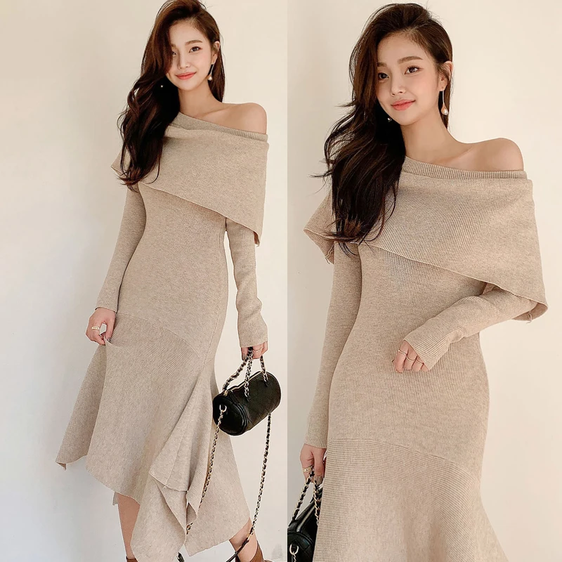 

In Stock New Elegant Sexy Solid Color Off Collar Slim Fit Ruffled Knitted Bottoming Sweater Dress for Women, Black/apricot