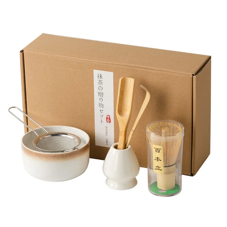 Japanese Style Matcha Set Tradition Ceramic Bowl 100 Prong Whisk 6 Pieces Matcha Gift Box Kit