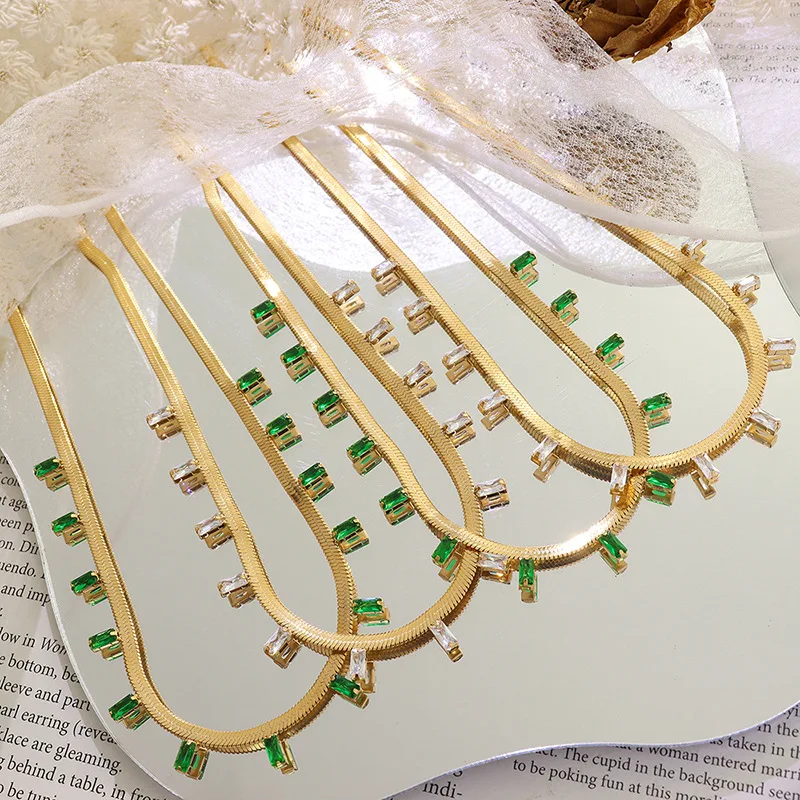 

3mm wide rectangle cubic zircon chain necklace 18K gold plated stainless steel diamond necklace jewelry