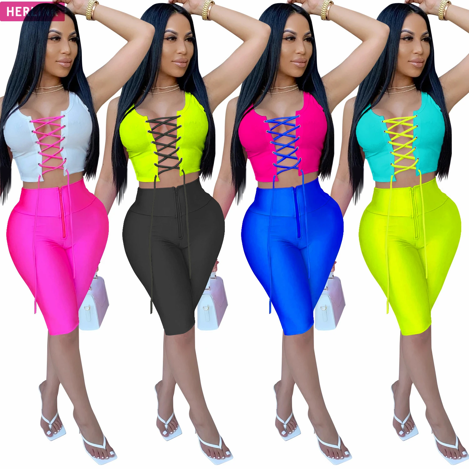 

H3803 - trendy bodycon shorts and sleeveless crop top two piece set women clothing