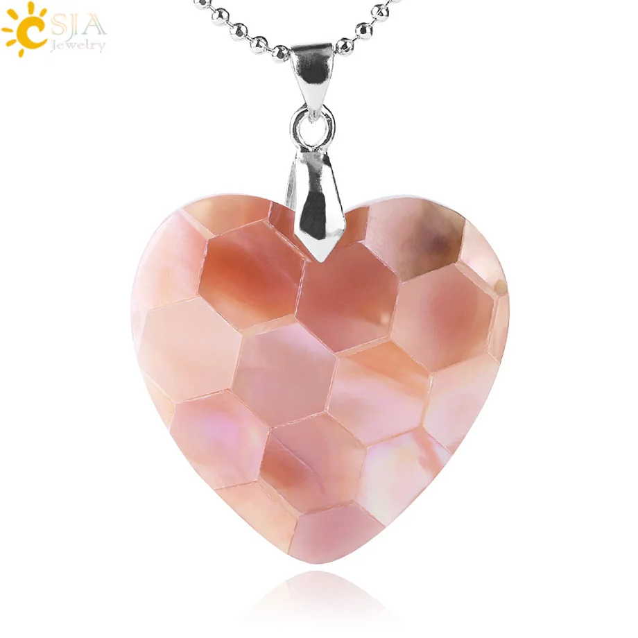 

CSJA wholesale white pink natural abalone shell heart pendant necklace women jewelry F482