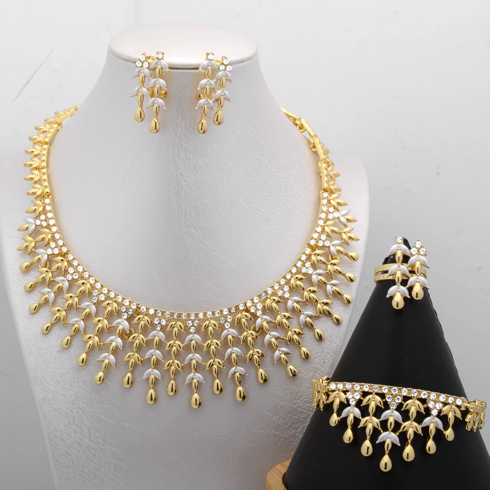 

4 Piece Womens Full 14K Gold Plated Pictures Necklace And Earrings Jewelry Set Luxury Jewelry Set In Dubai Gold