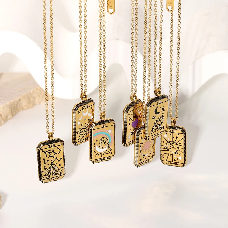 

Top selling enamel mini Tarot Pendant Necklace 18K gold Stainless Steel PVD coating tarnish free Metal card Necklace for girls, Optional as picture,or customized