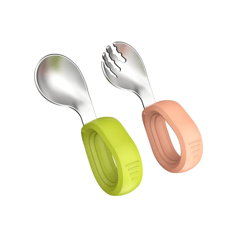 

Baby Spoon and Fork Set Stainless Steel Ergonomic Design Conforms To Baby Habits Silicone Handle Forks Portable for Kids