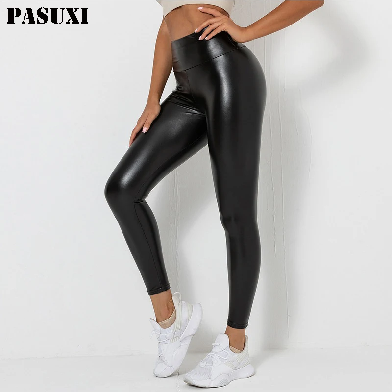 

PASUXI New Women Yoga Wear Fitness Sports Leggings PU Thin Leather pants High Waist Hip Lift Yoga Pants, As pictures