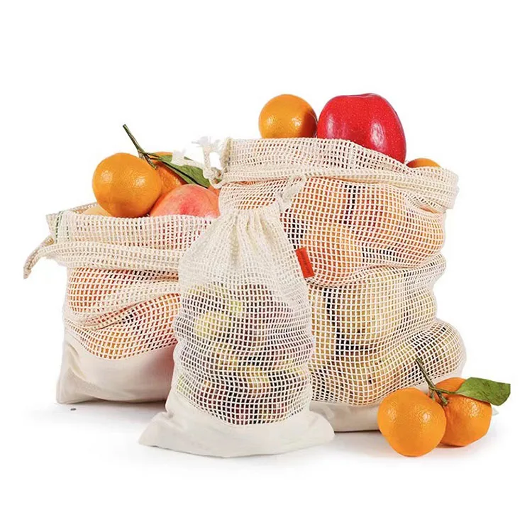 

Reusable Washable Organic Cotton Produce Bags Grocery Shopping Fruit Vegetable Cotton Mesh Net drawstring bag