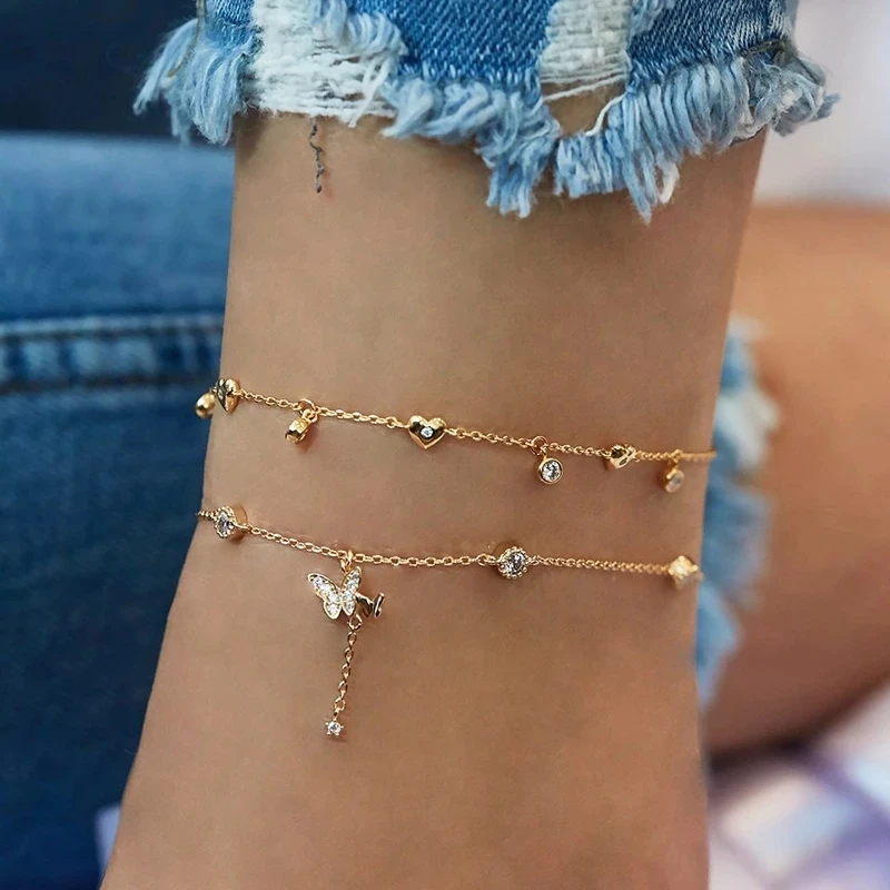 

Summer Gold Multilayer Crystal Ankle Bracelet Foot Chain Leg Bracelet Beach Accessories Jewelry Boho Butterfly Anklet