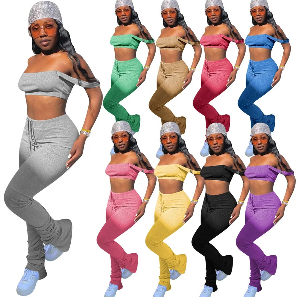 

9 Colors Wholesale 2021 New Women Casual Solid Tank Tops and Stacked Flared Pants Legging 2 Piece Set