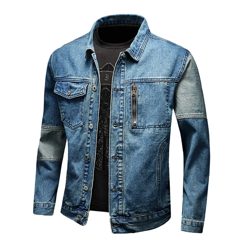 

New Men Two-color patchwork Vintage Jeans Jacket High street Motorcycle Casual Loose Male Denim Jacket