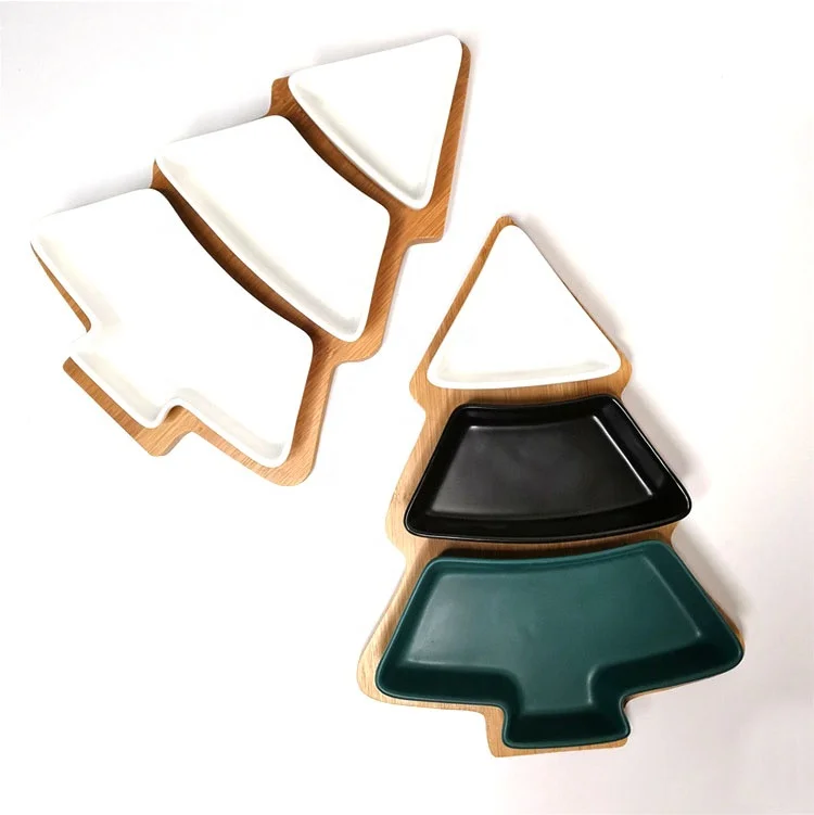 

White Christmas Tree Shaped Dessert Plate Fruit Plate with Bamboo Tray