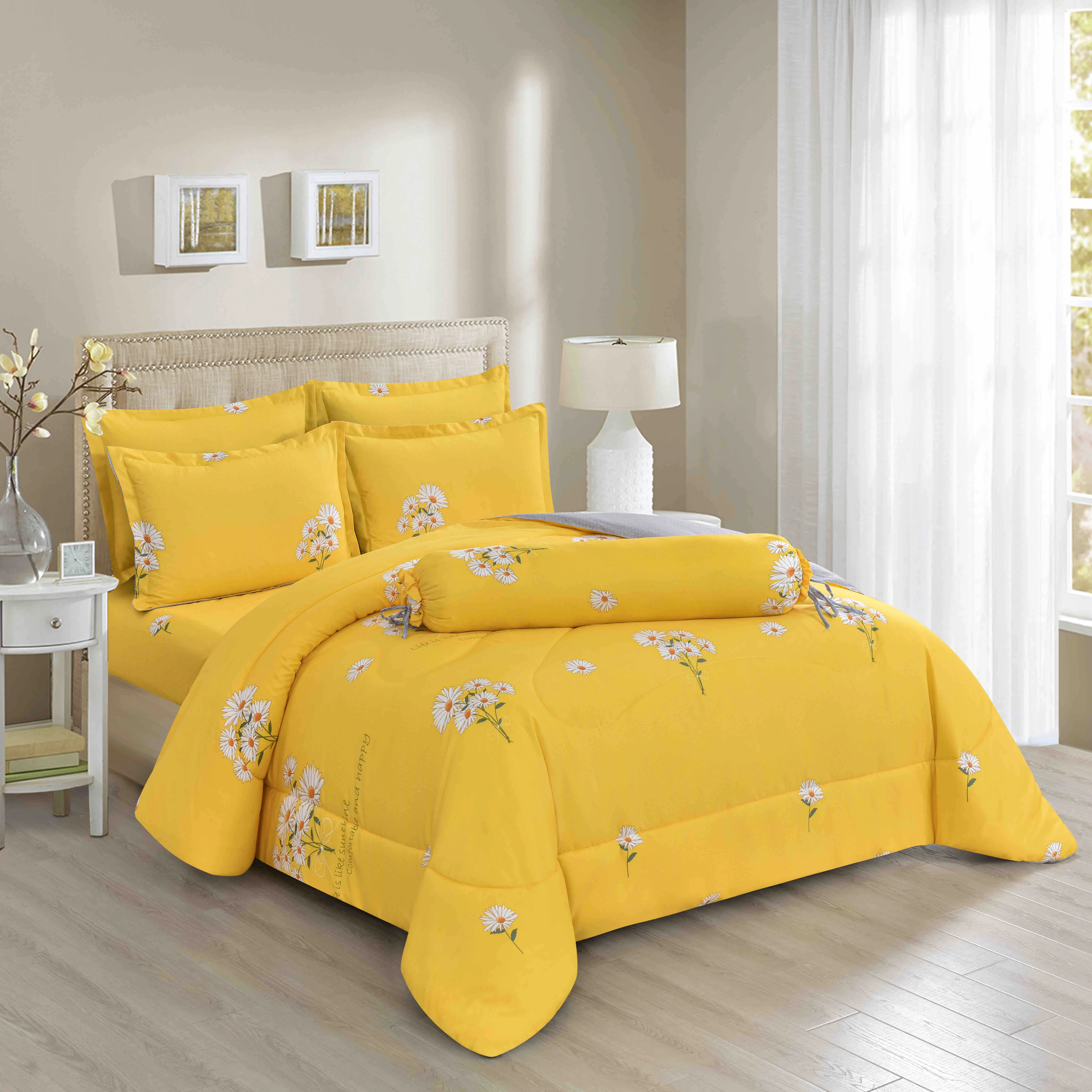 OEM/ODM Cheap 7/8/9 Pcs Polyester Microfiber Bedroom Plant Printed Fitted Sheet Pillow Cover Yellow Dubai Quilted Comforter Set