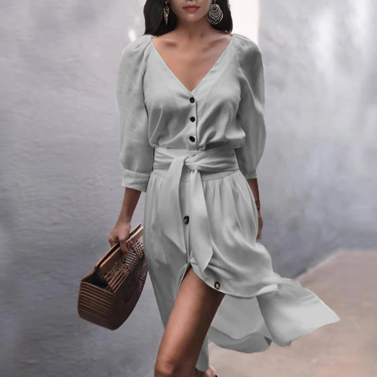 

2020 New Arrival Long Sleeve V Neck Loose Pluz Size Custom Logo Women Mini Dresses