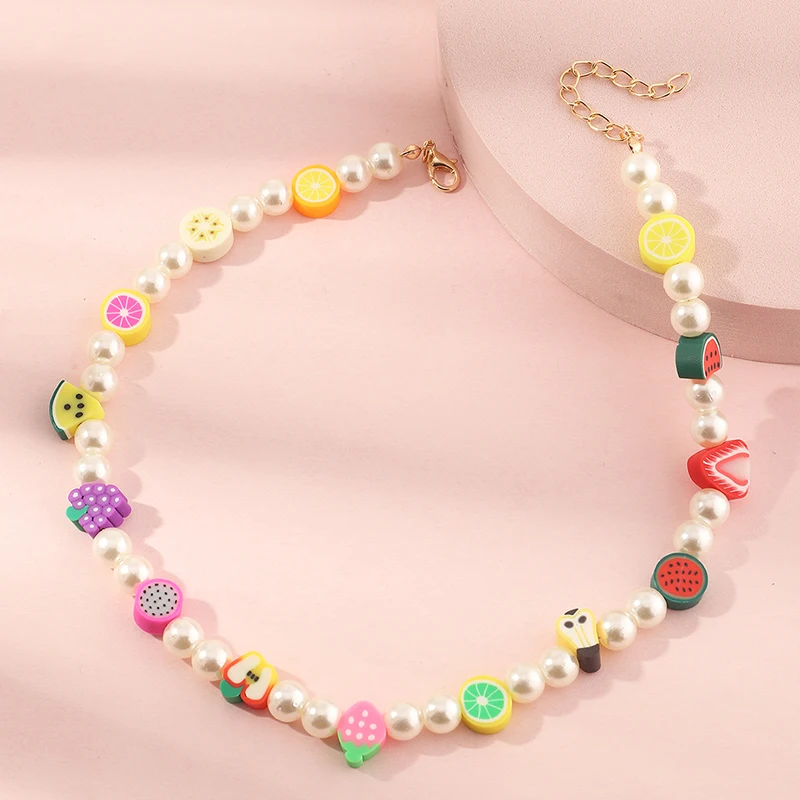 

Wholesale Fashion Women Jewelry Pearl Fruit Bead Necklace Polymer Clay Pearl Choker Necklace Custom Necklace