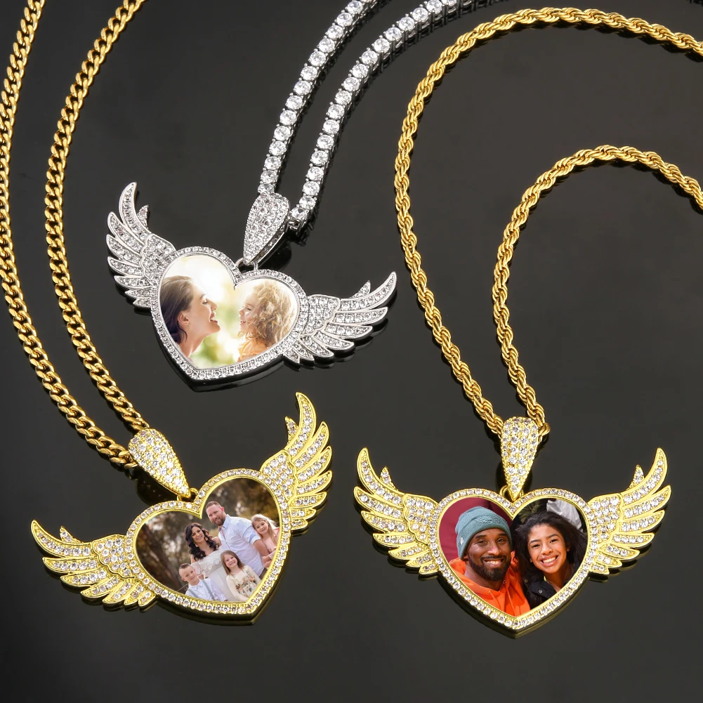 

KRKC Custom Engrave Angel Wing Memory Sublimation Photo Jewelry Necklace diy Silver Frame Picture Charms Pendant Photo Pendant