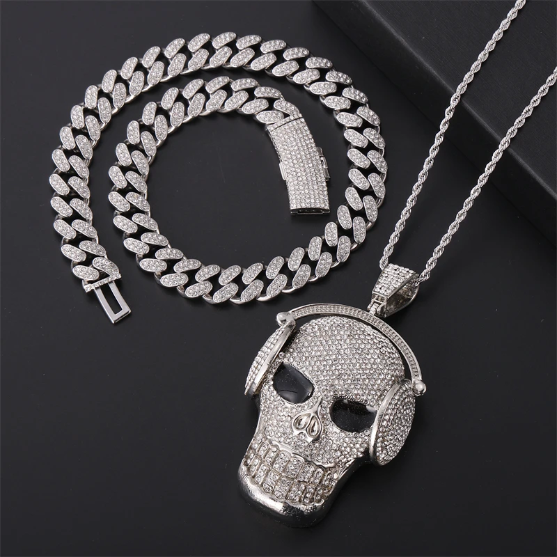 

Hip Hop Icy Choker Necklace Jewelry Set Men's Iced Out Gold Plated Rhinestone Diamond Skull Pendant With Cuban Link CHAIN