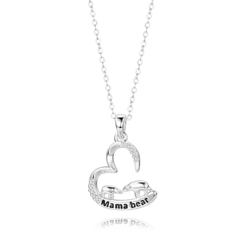 

KN25B Unique Gift Mothers Day Necklace Zircon Engraved Women Heart Pendant Mama Bear Necklace Chains