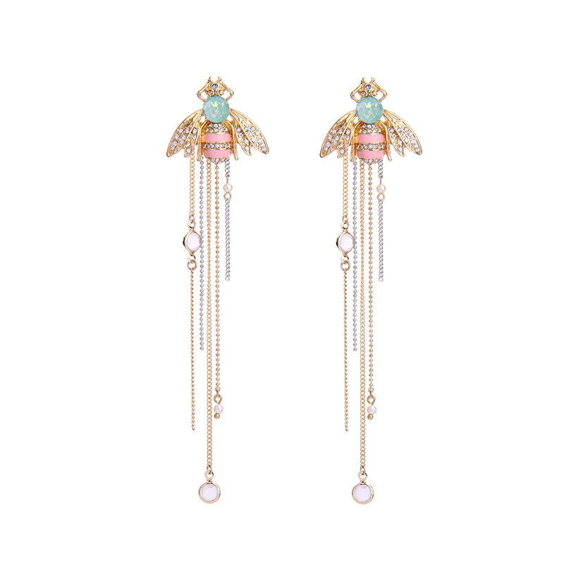 

ed00629b Delicate Lovely Diamond-encrusted Pearl Enamel Bee Insect Metal Chain Tassels Earring Stud, As pictures